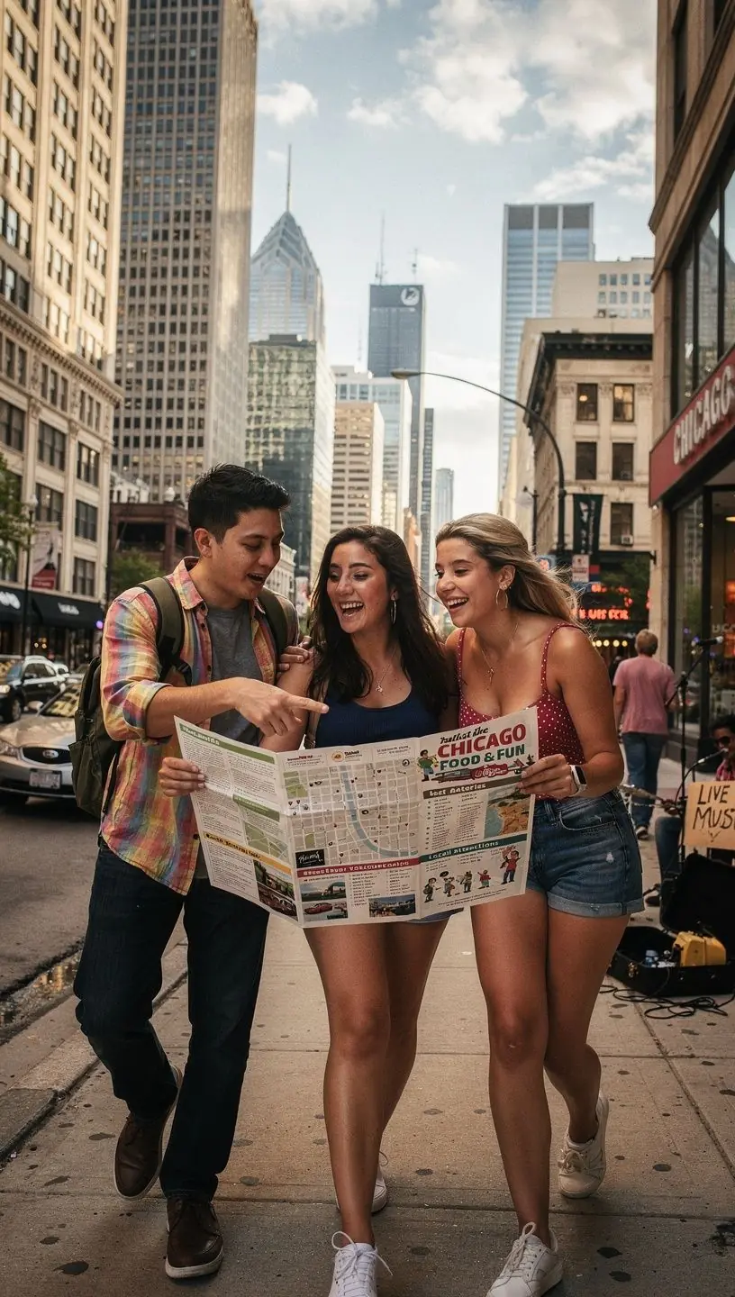 Rodzina korzystająca z papierowego przewodnika podczas wędrówki po mieście.