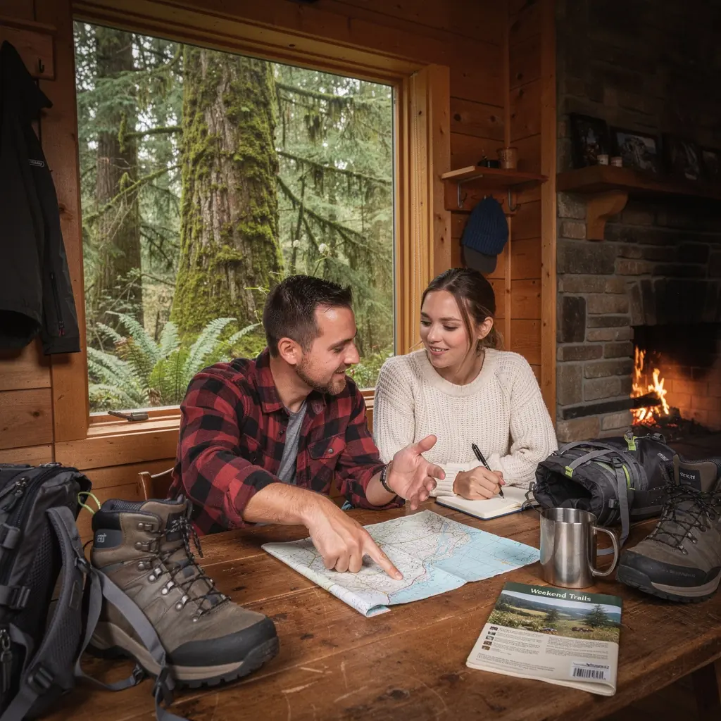 Zestaw niezbędnych akcesoriów podróżniczych na biurku, w tym mapy i notatniki.