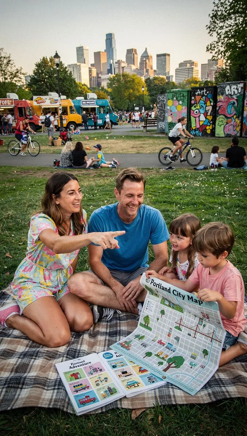 Grupa przyjaciół planująca weekendową wyprawę przy stole w kawiarni.